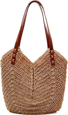 Produktbild von Retro Stroh-Strandtasche mit Reißverschluss – handgefertigte Boho-Umhängetasche für Urlaub & Outdoor.