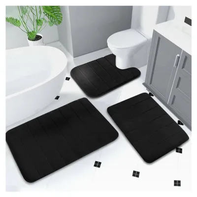 Produktbild von 3-teiliges Badezimmerteppich Set, Weiche Memory-Schaum Badematten, Rutschfester und Waschbarer Badteppich, Saugfähig & Schnell Trocknend, Badteppich für Dusche, WC & Badewanne (Schwarz)