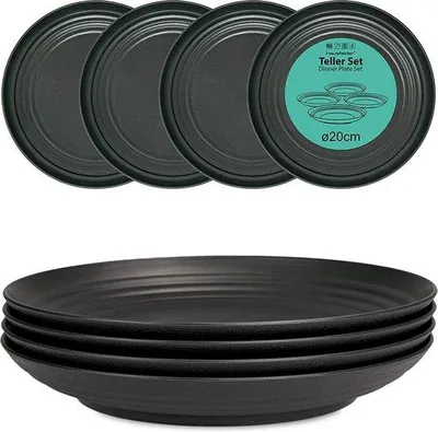 Image de Ensemble de 4 assiettes de camping Unyqoos® – 4 assiettes de 20 cm de diamètre, réutilisables, en plastique résistant aux chocs, sans BPA et sans mélanine, couleur SpaceBlack