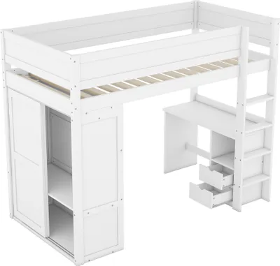 Produktbild von okwish Hochbett Kinderbett 90*200 cm, Holzbett mit Kleiderschrank, Schreibtisch und Schubladen, Weiß -Ohne Matratze