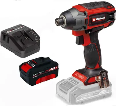 A cordless impact driver, a battery, and a charger are displayed against a white background.