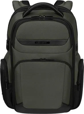 A studio shot of a green and black backpack.