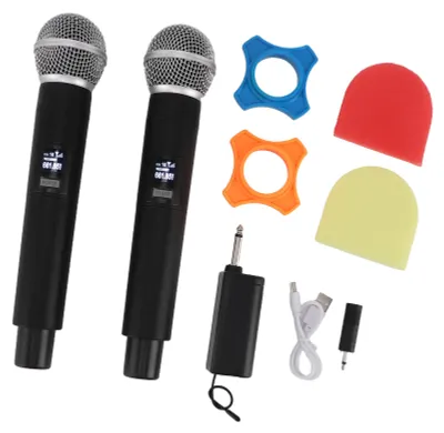 Immagine prodotto di 2 microfoni VHF wireless professionali, con cancellazione del rumore, ricaricabili tramite USB, UHF, con ricevitore