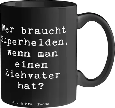 Produktbild von Mr. & Mrs. Panda Teetasse Spruch Ziehvater Held - Schwarz - Geschenk, Pott, Inspiration, Bonusvater, Verwandte, Adoptivvater, Jubiläen, Beziehung, Stiefvater, haferl