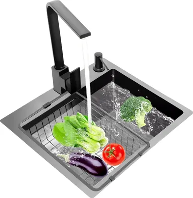 Image de Evier de cuisine, acier inoxydable, design monocuve, noir