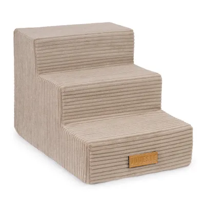 A beige, three-step pet ramp made of corduroy fabric, shown against a white background.