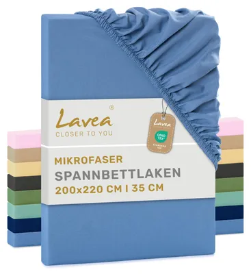 Produktbild von Lavea® Spannbettlaken 200x220 cm aus Mikrofaser, Bettlaken mit Rundumgummi, für Matratzen bis 35 cm, atmungsaktiv und kühlend, pflegeleicht, Spannbetttücher, 1 Stück, Himmelblau