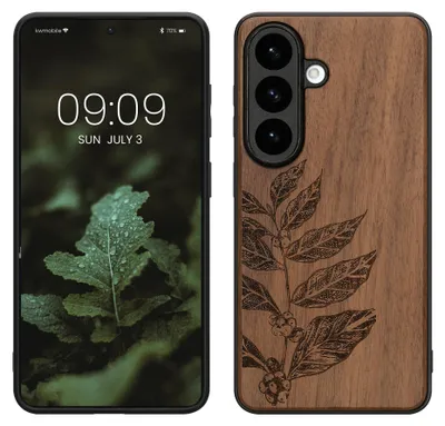 Produktbild von kwmobile Handyhülle für Samsung Galaxy S26 Hülle Holz - Case mit TPU Bumper - Stoßfestes Hardcase - Schutzhülle Cover in Dunkelbraun