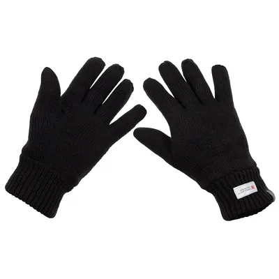A pair of black knitted gloves on a white background.