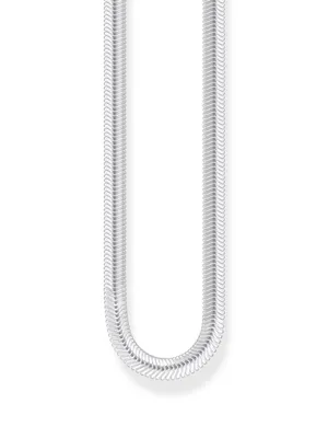 A silver chain necklace is shown against a white background.