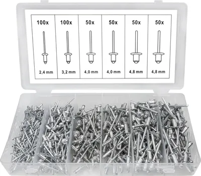Produktbild von Blindnieten Flachkopf 400 tlg Set Popnieten Alu/Stahl Nieten 2,4 3,2 4 4,8 mm