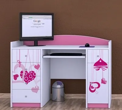 Produktbild von Happy Babies Bürotisch mit Tastaturablage Kinderschreibtisch 125x89x60 PC-Schreibtisch Mädchen mit Tastaturablage weiß Rosa Computertisch Muster Herz