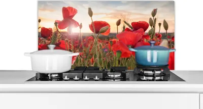 Obrázok produktu pre KitchenYeah® Kuchynský splashback - Kuchynský splashback - Ochrana steny sporáka a drezu - Západ slnka za krásnymi makmi 80x40 - Alu-Dibond (alternatíva skleneného splashbacku) - Tepelne odolný