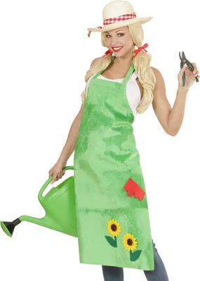 A woman dressed as a gardener, holding a watering can and pruning shears.