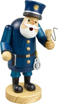Räuchermännchen Polizist trägt eine dunkelblaue Uniform mit Knöpfen, blauen Hut und goldenen Stern.