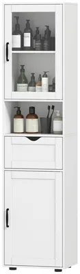 Produktbild von Badezimmerschrank aus Holz mit 2 Schr?nken, Schublade und offenem Regal, 40 x 30 x 165 cm, Wei?