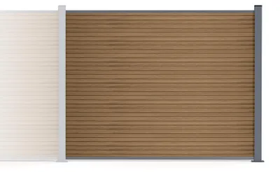 Produktbild von PRIEL 2 m Zaunerweiterungsset aus Verbundmaterial in Holzoptik, 150 cm hoch, auf Teak-Grundplatte