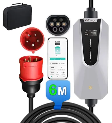 Produktbild von Mobile Wallbox 22kW, Tragbares EV Ladegerät Typ 2 mit App-Steuerung, 32A 3-Phasen, 6m Kabel CEE Rot Stecker, 1.3" LCD Display, Tragetasche