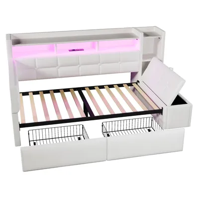 Produktbild von Flieks Schlafsofa Tagesbett 90x190cm mit Hydraulischem Betthocker, Polsterbett Einzelbett mit Ladefunktion und Led, Jugendbett Samt mit Ablagen, Weiß