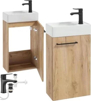 A collage of images showing a bathroom vanity with a sink and faucet, and a separate image of a faucet and drain assembly.
