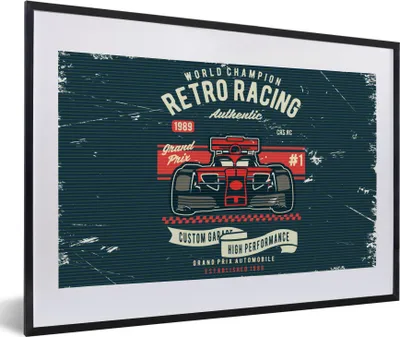 Produktbild von MuchoWow® MuchoWow® Gerahmtes Poster Rennwagen - Rennstrecke - Retro - Zeichnung 60x40 cm - Poster mit zchwarzem Bilderrahmen - Schlafzimmer - Plakat in Rahmen - Drucken