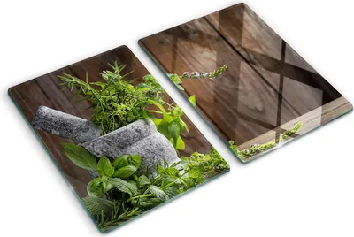 Produktbild von Tulup Glas Herdabdeckplatte - 2x40x52 cm - Glaskeramikkochfeld-Abdeckung Spritzschutz Glasabdeckplatte Kochplattenabdeckung und Schneidebrett - Zweiteilig - Essen & Getränke - Kräuter Mörser - Grün