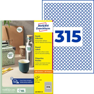 Produktbild von Avery Zweckform L6019REV-25, Runde Etiketten, ablösbar, A4, ? 10 mm, 7.875 Etiketten / 25 Bögen, weiß