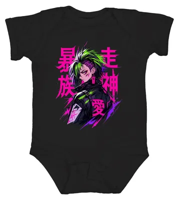 Image de Body pour bébé, noir, style Bosozoku, anime, manga, cyberpunk, japonais, néon rose, années 2000, pour otakus, taille 12/18 mois