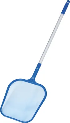 A pool skimmer net with a long handle, shown against a white background.