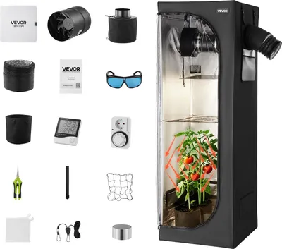 A collection of items related to indoor plant cultivation, including a grow tent, ventilation equipment, lighting, and accessories, arranged around a central grow tent with a plant inside.