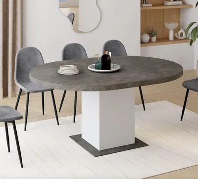 Produktbild von Runde, ausziehbare Essztisch für 4-8 Personen aus Beton und Weiß, 120-160 cm - Modernes Design - Holzoptik - Wohnzimmermöbel - Dauerhafte Konstruktion - Oberfläche - Zeitloses Interieur - Täglich geeignet