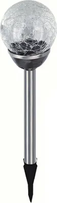 A solar-powered garden light with a cracked glass sphere on a metal stake.