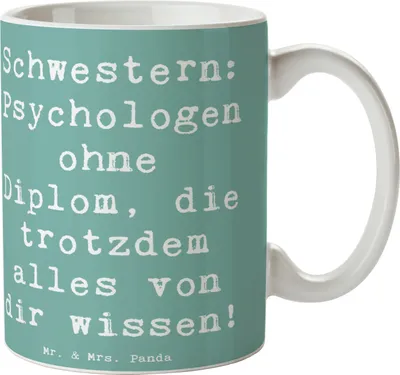 Produktbild von Mr. & Mrs. Panda Kaffeetasse Spruch Schwestern Psychologen - Meeresbrise - Geschenk, persönliche Erinnerungen, kaffeebecher bedruckt, Becher, Geschwister, Pott, Familie