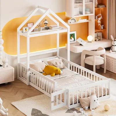 Image de Lit enfant Fortuna Lai 90 x 200, cadre de lit enfant en bois massif avec espace de rangement, barrières de sécurité et portes, sommier à lattes, blanc