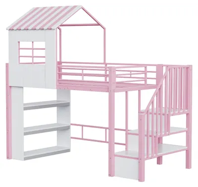 Produktbild von Flieks Etagenbett 90x200cm mit Ablagen, Kinderbett Hausbett mit Fenster, Hochbett Metallbett mit Treppe und Rausfallschutz, Stockbett Rosa