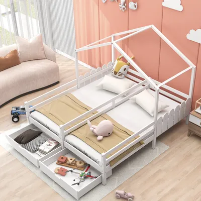 Zdjęcie produktu dla Podwójne łóżko w kształcie domku na drzewie, 2 szuflady z płyty MDF, barierki ochronne, 200x90 cm, białe