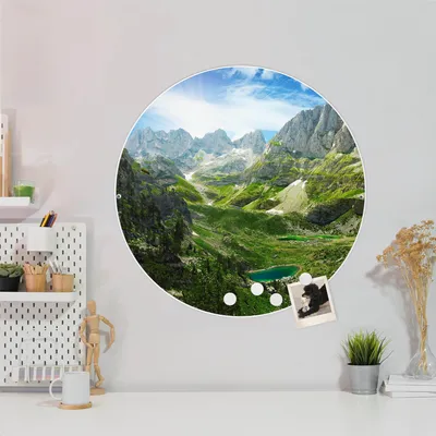 Produktbild von Design Stahlmagnettafel Weiß Rund 47cm Bergsee Alpen