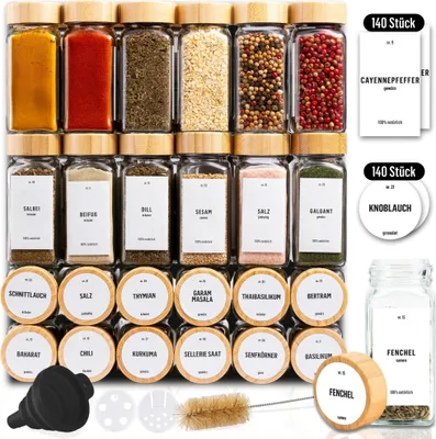 Produktbild von Sada 24ks - Deco Haus Dózy na koření s bambusovým šroubovacím uzávěrem-Sklenice s bílými etiketami, nálevkou, čisticím kartáčkem-120 ml, 10,5 x 4,3 cm