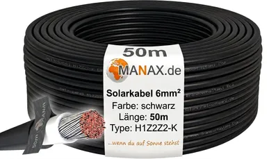 Produktbild von 50m Solarkabel 6mm² H1Z2Z2-K Schwarz - UV-beständig, flexibel, Photovoltaik Kabel, PV Kabel, Solar Anschlusskabel für Solarpanel, Wechselrichter & Laderegler - langlebig, KI-generiertes Bild