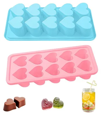 Immagine prodotto di 2 stampi in silicone a forma di cuore per cubetti di ghiaccio, cioccolata, con 10 cavità per stampo, rosa e blu