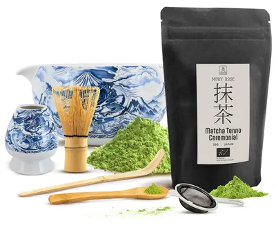 Produktbild von Mary Rose - Matcha Tee Ceremonial Set Tenno 30g - Schale Dragon 350ml Mit Ausguss Bambus Besen Chasen Sieb - Japanische Teezeremonie