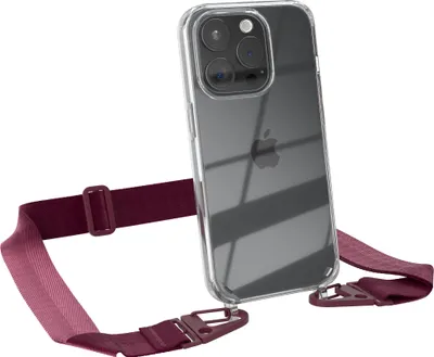 Produktbild von EAZY CASE - Hülle mit Band für Apple iPhone 15 Pro, Handyhülle mit Umhängeband, Silikonhülle transparent, Handykette in Rot
