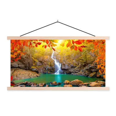 Produktbild von MuchoWow® Textilposter Steine - Baum - Wasserfall - Herbst - Rot 60x30 cm mit holzfarbenen Rahmen - Dekoration