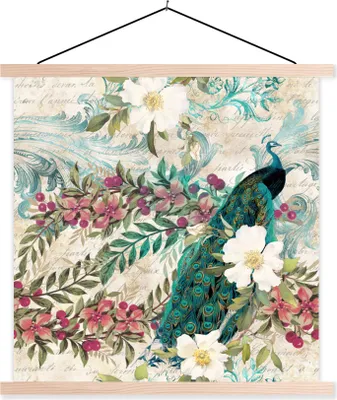 Produktbild von MuchoWow® Textilposter Blumen - Kunst - Pfau 40x40 cm mit holzfarbenen Rahmen - Posterleiste
