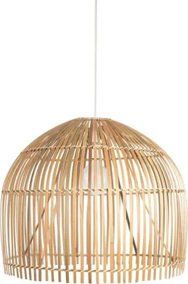 Produktbild von Pendelleuchte Metall Holz E27 D: 60 cm H: max. 160 cm Weiß Natur rund Modern