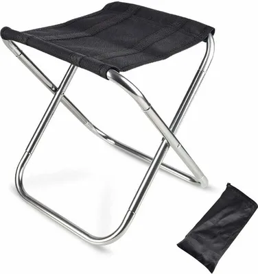 A black and silver folding stool with a black carrying bag.