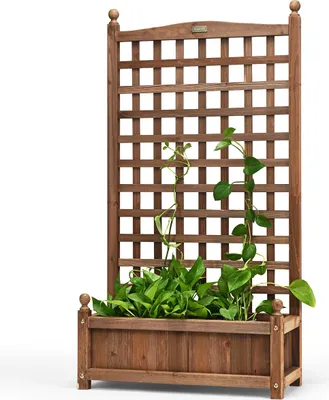Produktbild von COSTWAY Blumenkasten mit Rankgitter, Pflanzkasten Holz, Hochbeet mit Spalier&Drainagelöchern, Gartenspalier Rankkasten für Garten 64,5x28x120 cm Braun