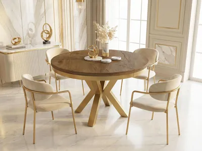 Produktbild von Runder Ausziehbarer Esstisch im Loft-Stil - Industrieller Tisch mit Goldenen Metallbeinen - Platzsparender Tisch für Wohnzimmer - Lefkas Eiche - 100 bis 180 cm