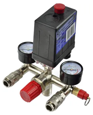 Immagine prodotto di Regolatore di pressione con pressostato per compressore e 2 display manometri, Geko