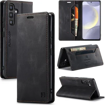 Image de Étui pour Samsung Galaxy S24 FE, étui rétro en cuir PU, support et étui de protection noir